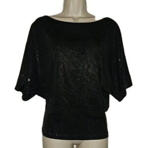 Clara S Womens XS Black Sequined Embellish Blouse Short Dolman Sleeved USA Made